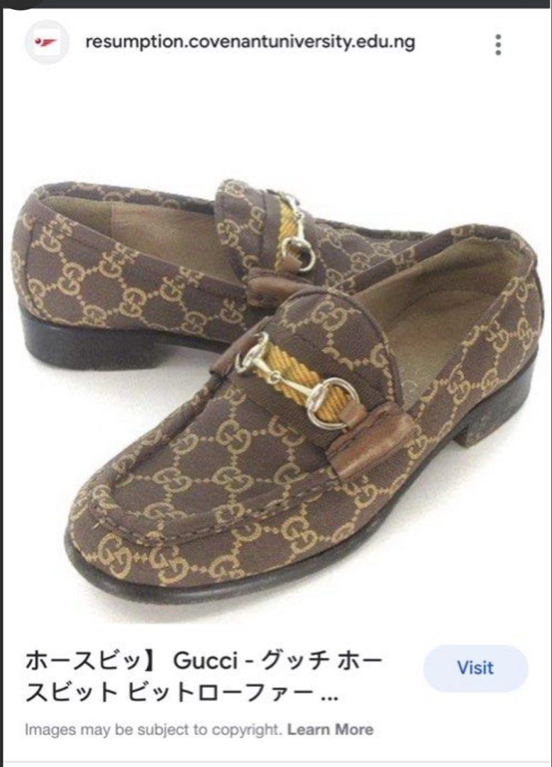 Gucci Brown Canvas Horsebit Loafers (Category: Loafers) located in Angeles City. Submitted by leluxe_atelier (Listing ID 1470813411, Image 1). Description: - Authentic Gucci horsebit loafers - Brown monogram canvas with signature web stripe - Elegant gold-tone hardware - Comfortable leather lining with visible Gucci branding - Versatile slip-on design for smart or casual wear.