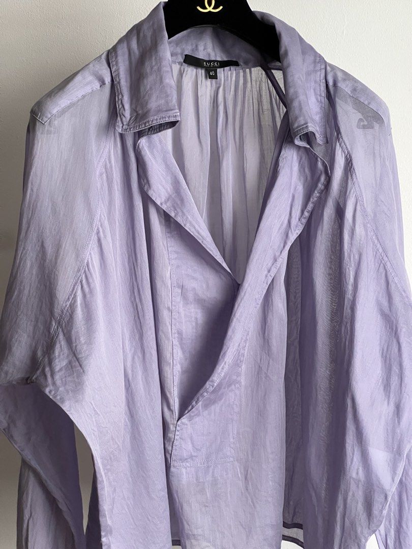 Gucci by Tom Ford Fall 2004 cotton shirt (Category: Luxury Apparel) located in Quezon City. Submitted by raccoonfur (Listing ID 1470822426, Image 2). Description: Gucci by Tom Ford light lavender cotton voile peasant blouse. Light as air and drapes impeccably. Has few faint collar stains. No rips or holes. Sleeve tapers on a bias and pools beautifully in the forearm when worn. Great condition. Flat measurements: Pit to pit 87.25cm/34.25in Length 
