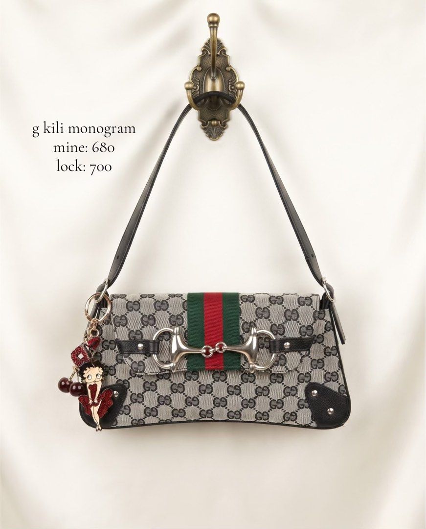 Gucci Monogram Horsebit Shoulder Bag (Category: Luxury Bags & Wallets) located in Manila. Submitted by couture_ave (Listing ID 1470807079, Image 1). Description: - Authentic Gucci Monogram Shoulder Bag in classic grey interlocking G canvas - Features premium black leather trim and silver-tone horsebit hardware - Signature green and red web stripe design - Includes a playful Betty Boop keychain attached to the strap - Clean interior and exterior c