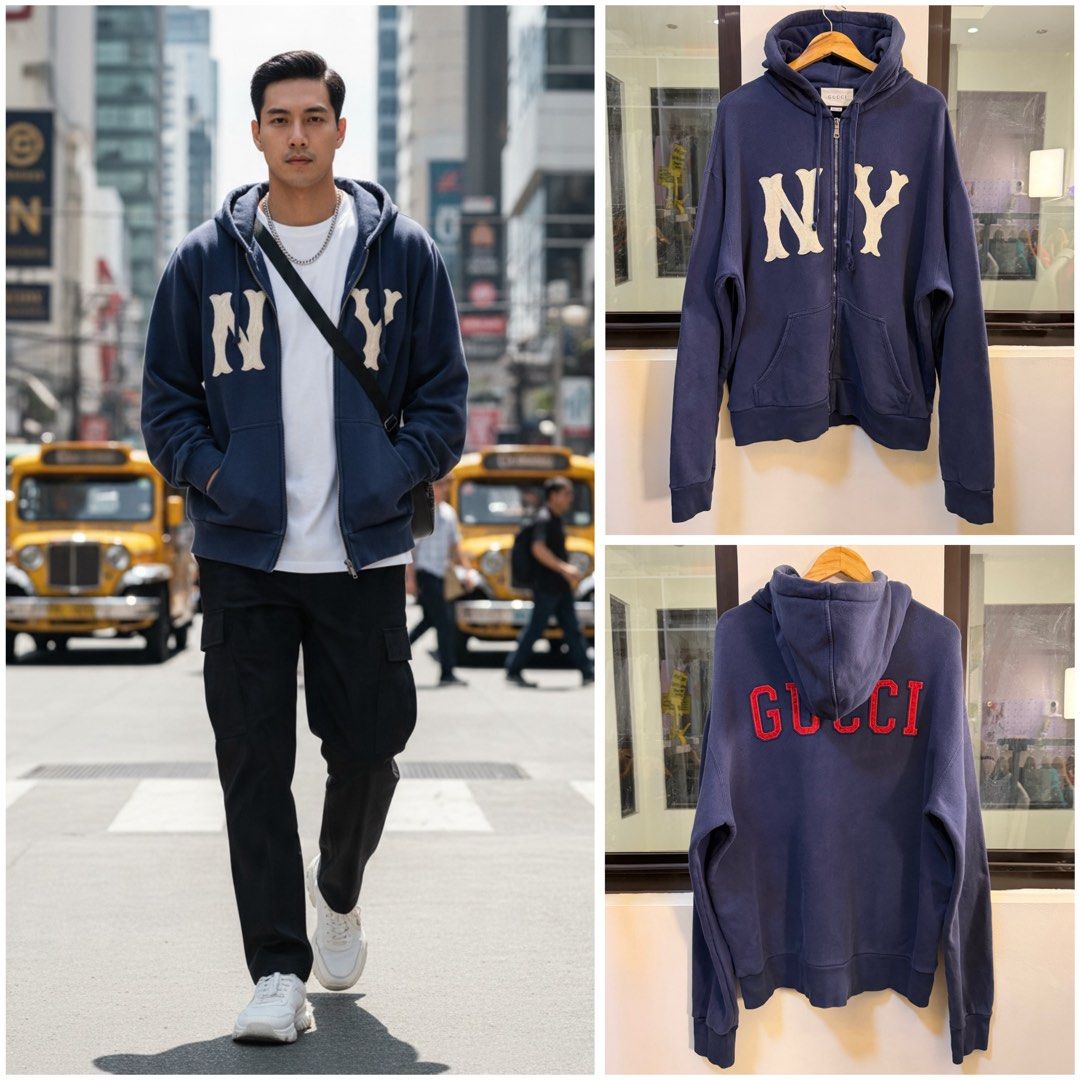 Gucci x MLB Full-Zip Hooded Sweatshirt (Category: Coats, Jackets and Outerwear) located in Paranaque City. Submitted by preluxeshop_ph (Listing ID 1470816434, Image 1). Description: Brand: Gucci x MLB (New York Yankees Collaboration) •Style: Full-Zip Hooded Sweatshirt / Zip Hoodie •Color: Navy Blue •Design Features: Large off-white “NY” Yankees appliqué patch on the front, embroidered red “GUCCI” arc logo across the upper back, full front zip clo