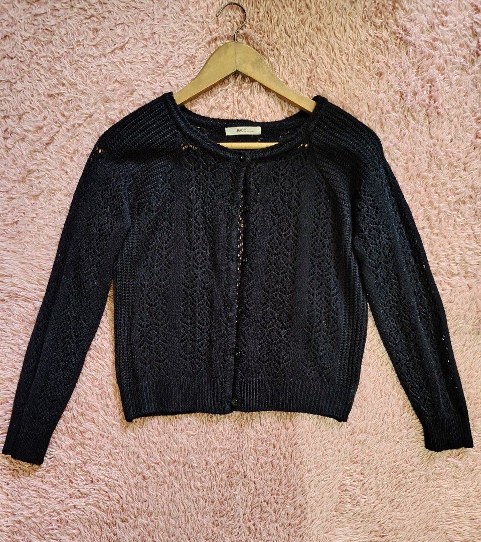 Haco Black Knitted Cardigan SMALL (Category: Coats, Jackets and Outerwear) located in Valenzuela. Submitted by anna.banana10 (Listing ID 1470831463, Image 2). Description: - Brand: Haco - Color: Classic Black - Style: Button-down cardigan with a round collar - Pattern: Open knit with vertical stripes - Details: Ribbed cuffs, hem, and neckline; long sleeves - Origin: Made in Korea - Condition: Excellent.