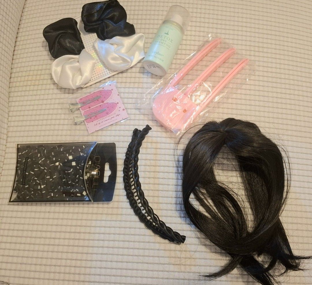 Hair accessories set (Category: Hair Accessories) located in Taguig. Submitted by welcome2myprelovedshop (Listing ID 1470907950, Image 1). Description: take all for only 250P hair clip (New) bangs synthetic (New) 2 pink hair lip (New) Volumizing clip pink (New) 2 hairband (New) Hair rubberbands (New) Detox hair spray dry shampoo (little left).
