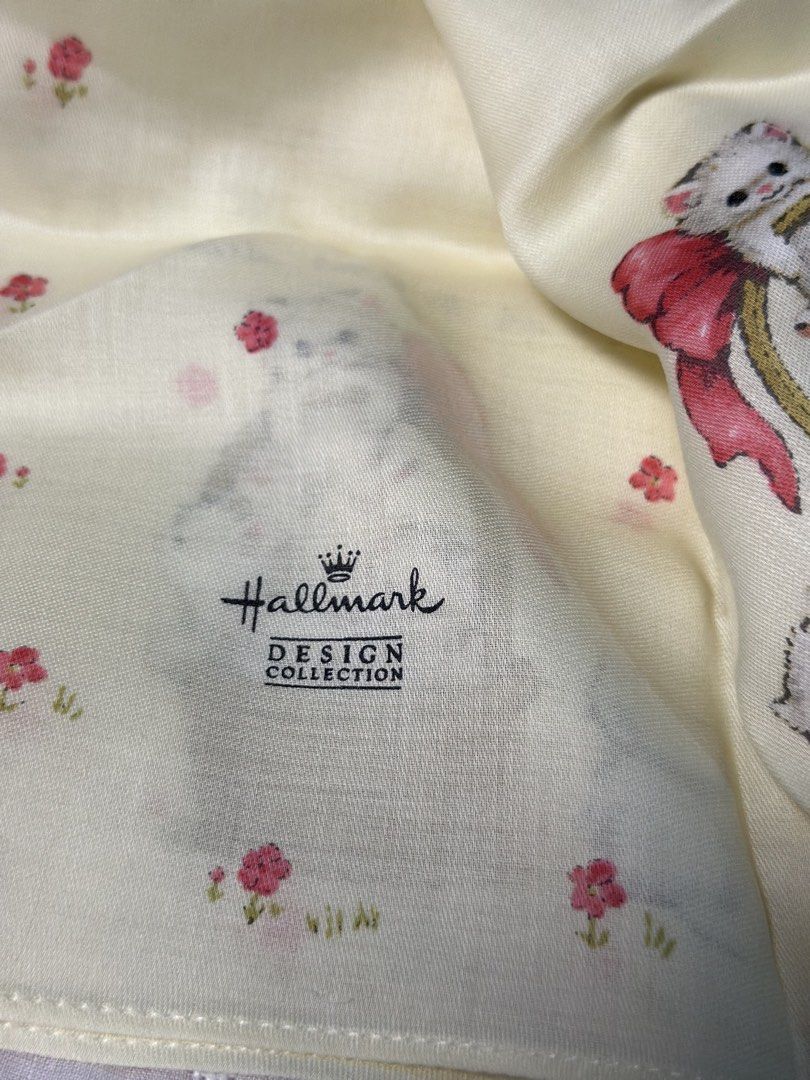Hallmark Design Collection handkerchief (Category: Handkerchief & Pocket Squares) located in Davao. Submitted by favoritepreloved (Listing ID 1470812965, Image 3). Description: 💜 FIX PRICE 💜 featuring an illustration of kittens in a basket with the phrase "Luck is on your side" 💜 48cm x 48cm.