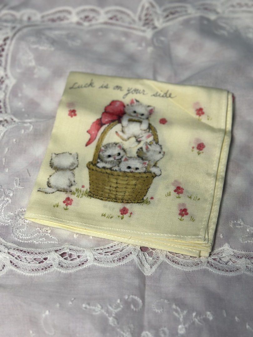 Hallmark Design Collection handkerchief (Category: Handkerchief & Pocket Squares) located in Davao. Submitted by favoritepreloved (Listing ID 1470812965, Image 1). Description: 💜 FIX PRICE 💜 featuring an illustration of kittens in a basket with the phrase "Luck is on your side" 💜 48cm x 48cm.