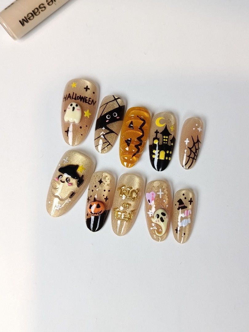 Halloween Press-On Nails Fake Nail Set (Category: Hands & Nails) located in Manila. Submitted by thebossbabe (Listing ID 1470923642, Image 3). Description: - Handmade Halloween press-on nails - Features cute ghosts, pumpkins, bats, spiders, and scream masks - Intricate hand-painted details with 3D charms - High-gloss finish - Ideal for costume parties or daily October wear - with nail set (glue, sticky tab, alcohol pad) .