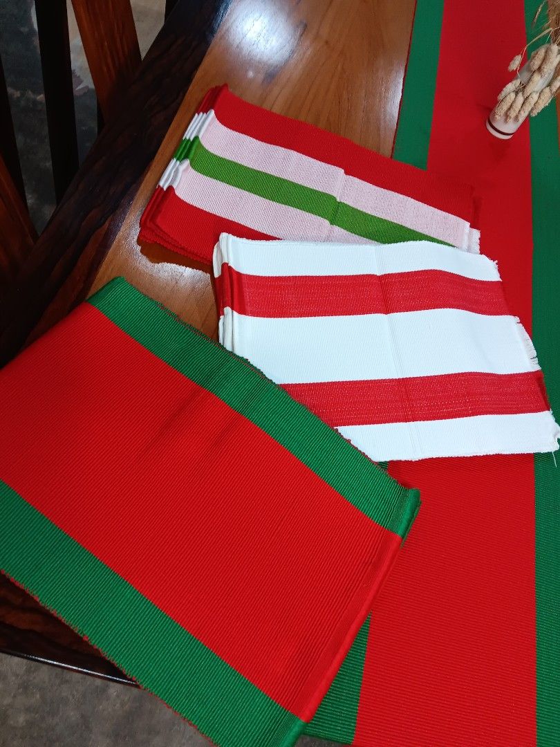 Handwoven Abel Christmas Placemats (Category: Table Linen & Textiles) located in Quezon City. Submitted by ViganCasaAbelIloco (Listing ID 1470828739, Image 1). Description: -1 dozen per set - Festive table runner and matching placemats in red, green, and white - Available in multiple patterns including classic stripes and bordered designs - Crafted from durable, high-quality textured fabric - Perfect for Christmas dinners, holiday gatherings, and