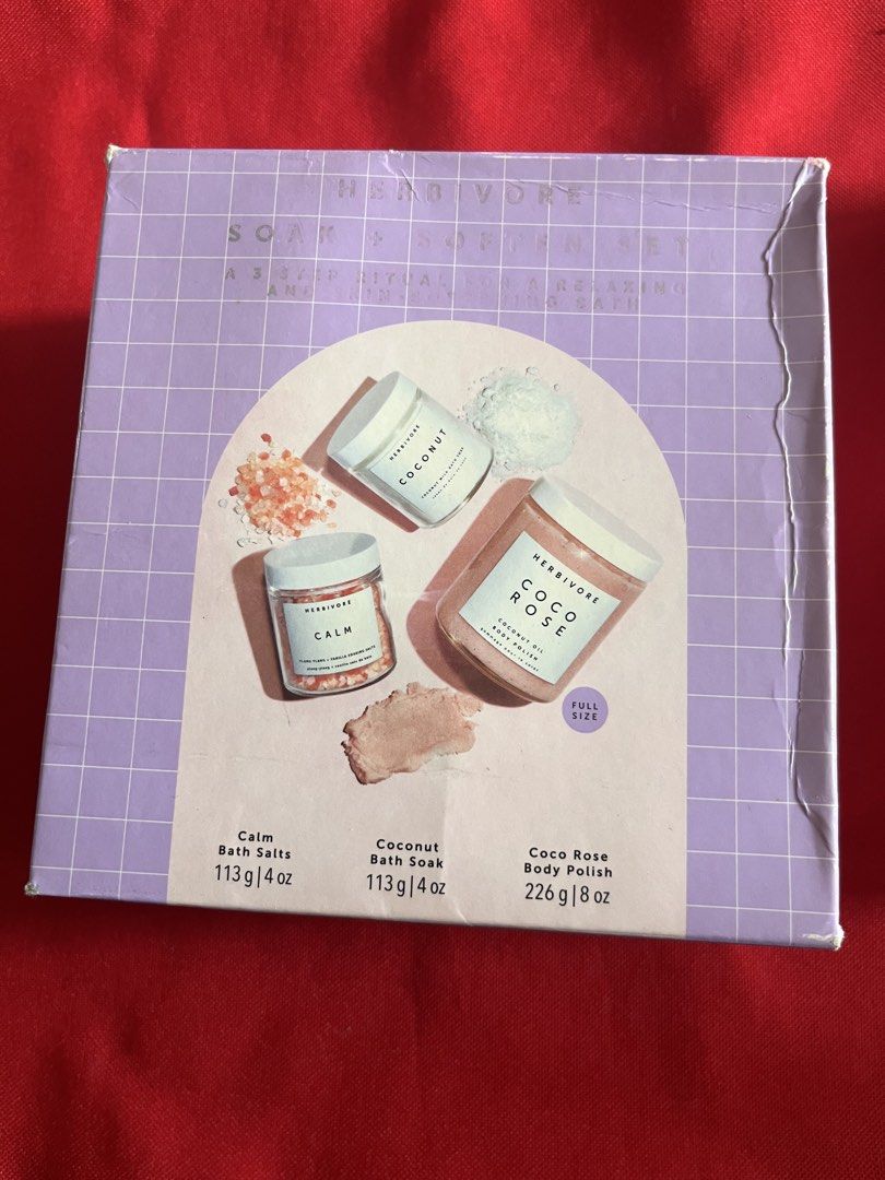 HERBIVORE SOAP SOFTEN SET (Category: Bath) located in Manila. Submitted by luxeclassyshop (Listing ID 1470782605, Image 1). Description: HERBIVORE SOAP SOFTEN SET COCO ROSE COCONUT OIL-BODY POLISH 226g Coconut bath soak 113g Calm bath soap 113g Original Sale 2set .