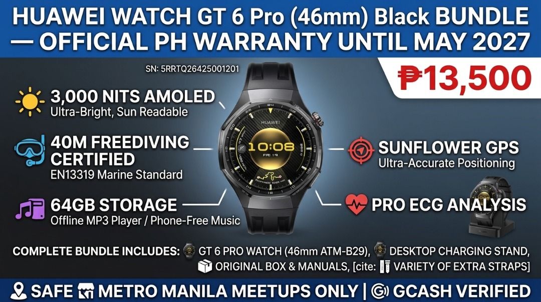 Huawei GT6 Pro For Sale (Category: Wearables & Smart Watches) located in Caloocan City. Submitted by freemoon_caf79b (Listing ID 1470827119, Image 1). Description: HUAWEI WATCH GT 6 Pro (46mm) Black Bundle Official Local Unit | Model: ATM-B29 KEY HIGHLIGHTS: • Official PH Warranty: Active until May 31, 2027 (Official PH service centers) • Free Two-Way Delivery Benefit included • 64GB Onboard Storage: Store thousands of offline MP3s directly on wa