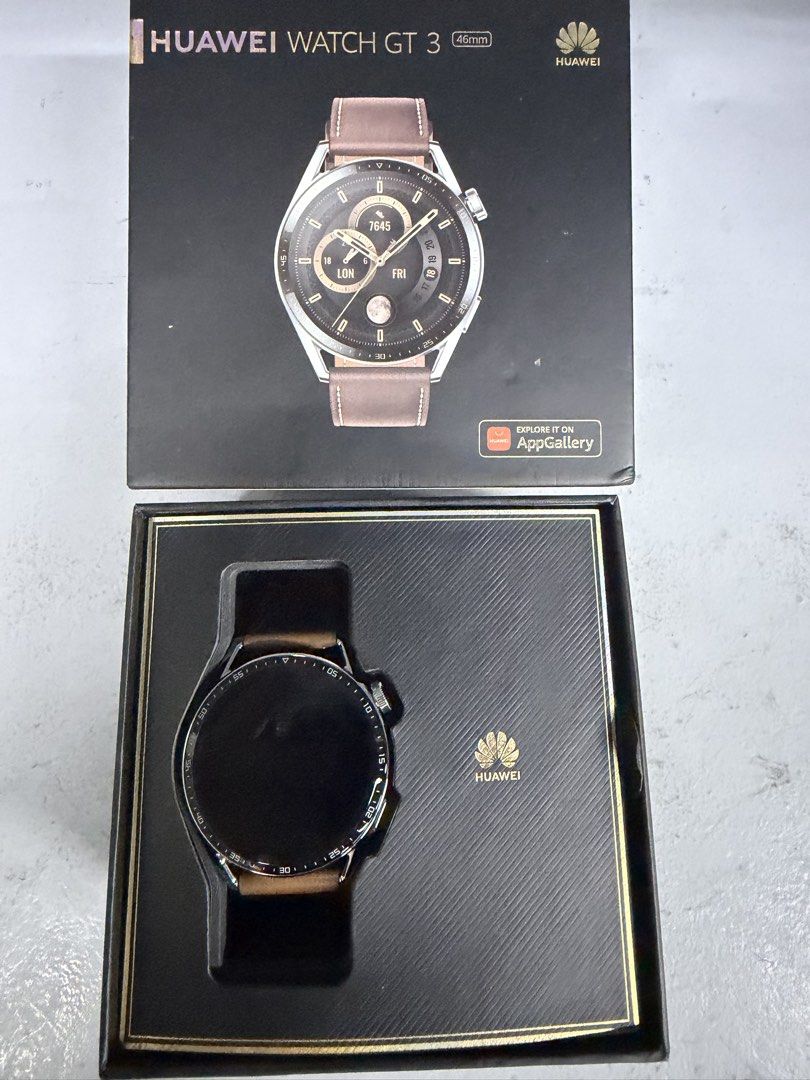 Huawei Watch GT 3 46mm Smartwatch (Category: Wearables & Smart Watches) located in Manila. Submitted by wired_24x7 (Listing ID 1470779205, Image 1). Description: - Brand: Huawei Watch GT 3 (46mm) - Design: Round black display face with a premium brown leather strap - Condition: Lightly used - Inclusion: Original box included - Reason for selling: Decluttering unused items from the cupboard.