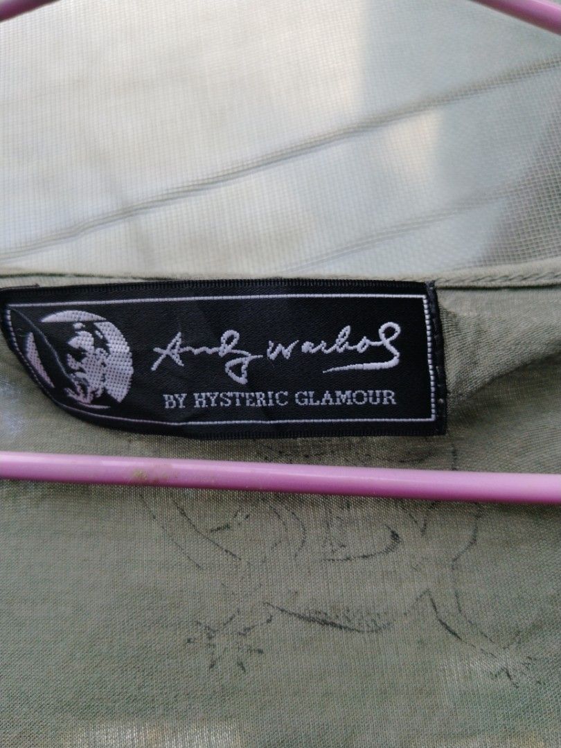 Hysteric Glamour x andy warhol tops (Category: Shirts) located in Legazpi City. Submitted by genobecollectives (Listing ID 1470763724, Image 3). Description: Hysteric Glamour x Andy Warhol collaboration - Color: Olive green - Design: Wide scoop neckline, draped sleeves, large front graphic with quote text - Material: Premium rayon, cashmere, and silk blend - Origin: Made in Japan - Size: Free size 1300 free ship.