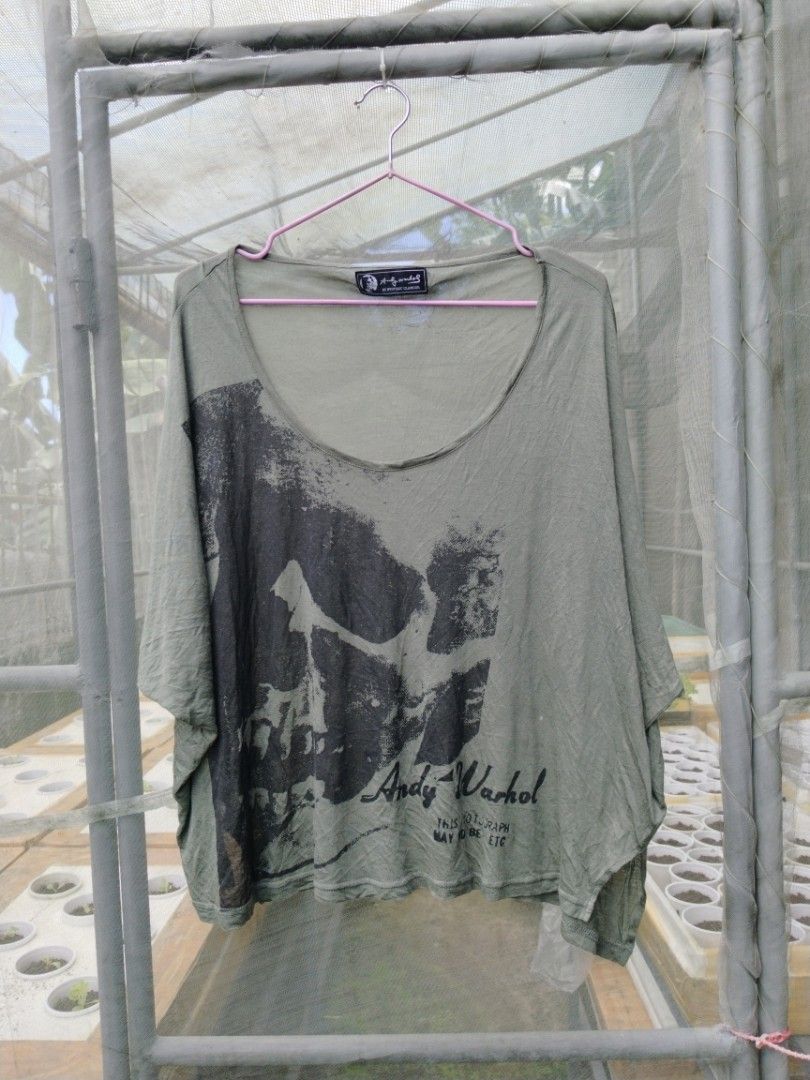 Hysteric Glamour x andy warhol tops (Category: Shirts) located in Legazpi City. Submitted by genobecollectives (Listing ID 1470763724, Image 1). Description: Hysteric Glamour x Andy Warhol collaboration - Color: Olive green - Design: Wide scoop neckline, draped sleeves, large front graphic with quote text - Material: Premium rayon, cashmere, and silk blend - Origin: Made in Japan - Size: Free size 1300 free ship.