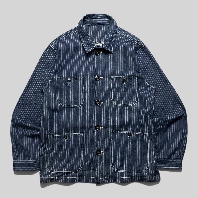 Indígo Blue / Hickory Stripe Chore/Coverall Jacket (Category: Coats, Jackets and Outerwear) located in Zamboanga. Submitted by swayporgy (Listing ID 1470865804, Image 1). Description: Measurements; (inches) width 22’ Length 29’ Shoulder 18’ Sleeve 25 .