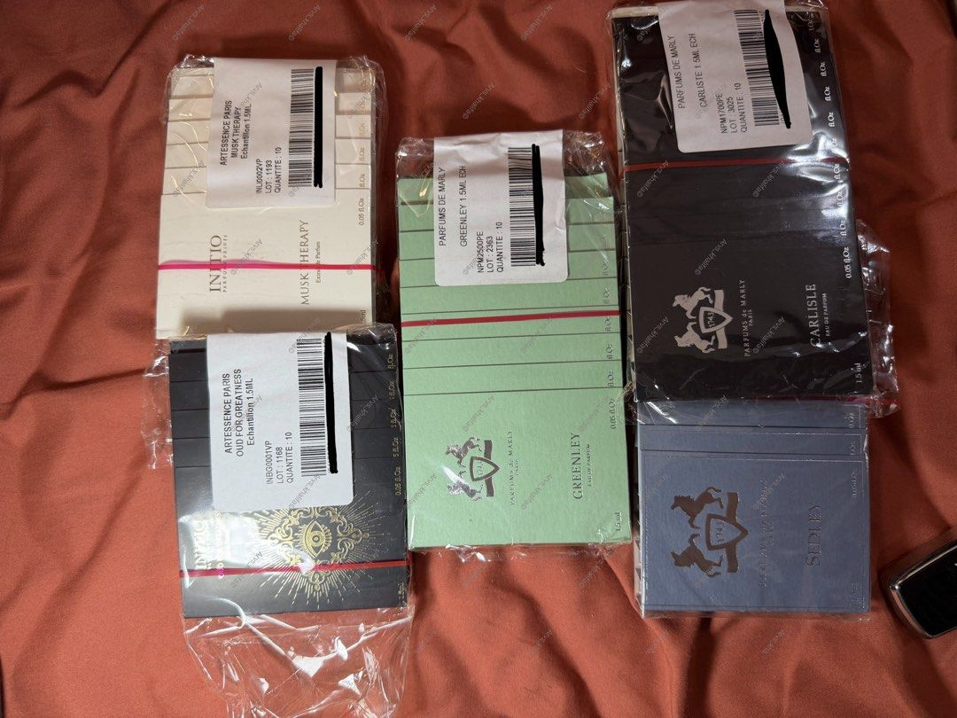 Initio Parfums Prives and Parfums de Marly Sample Bundle (Category: Fragrance & Deodorants) located in Rosario. Submitted by chippycoco (Listing ID 1470767893, Image 1). Description: - Bundle of 1.5ml authentic luxury niche perfume samples - ₱120 - Fragrances included: Initio Musk Therapy, Initio Oud For Greatness, PDM Greenley, PDM Carlisle, and PDM Sedley - 10 pieces per pack for Musk Therapy, Greenley, and Carlisle - Neatly wrapped in plastic 