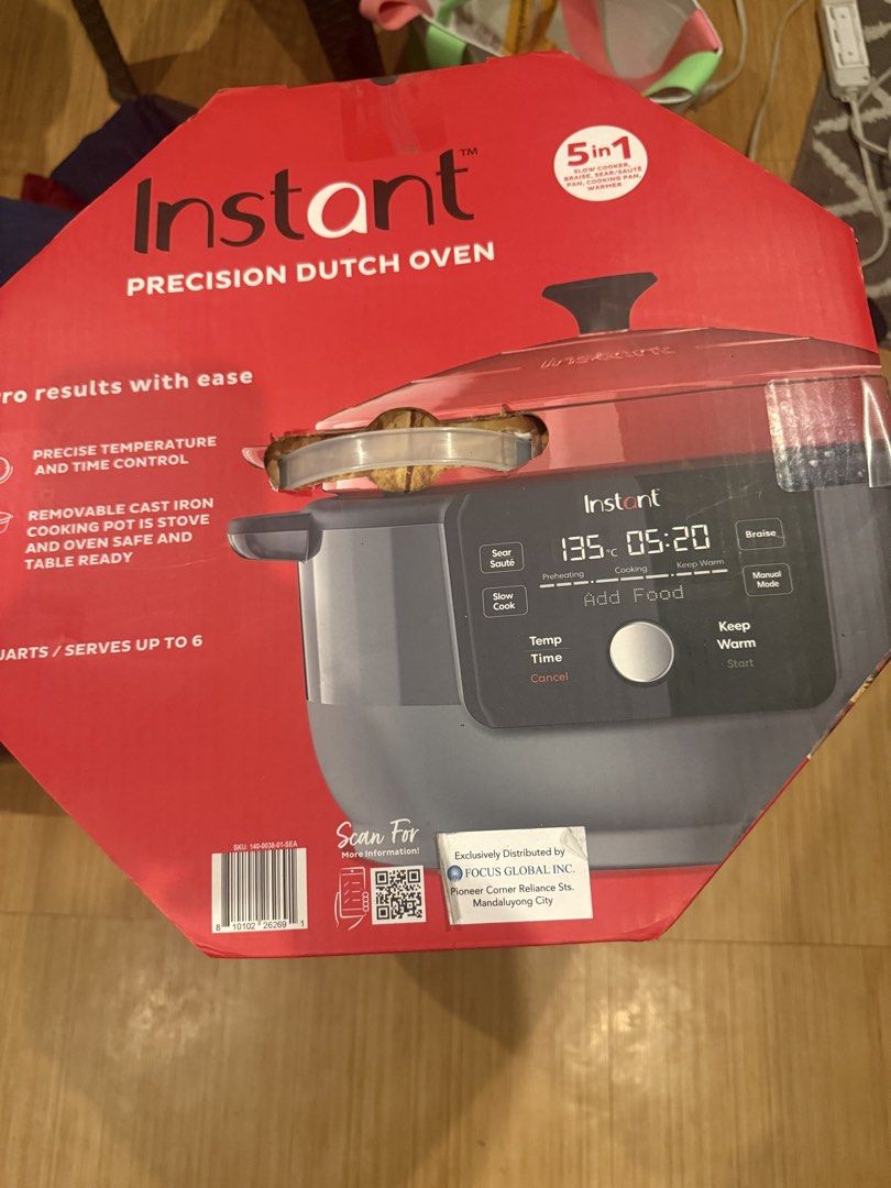 Instant Precision 5-in-1 Dutch Oven (Category: Cookware & Accessories) located in Las Pinas. Submitted by prelovedbykag (Listing ID 1470875073, Image 2). Description: - 5-in-1 versatility: slow cooking, braising, searing, sautéing, and warming - Generous 6-quart capacity, perfect for serving up to 6 people - Precise temperature and time control for effortless cooking - Removable cast iron pot is safe for stove, oven, and table use - Brand new and
