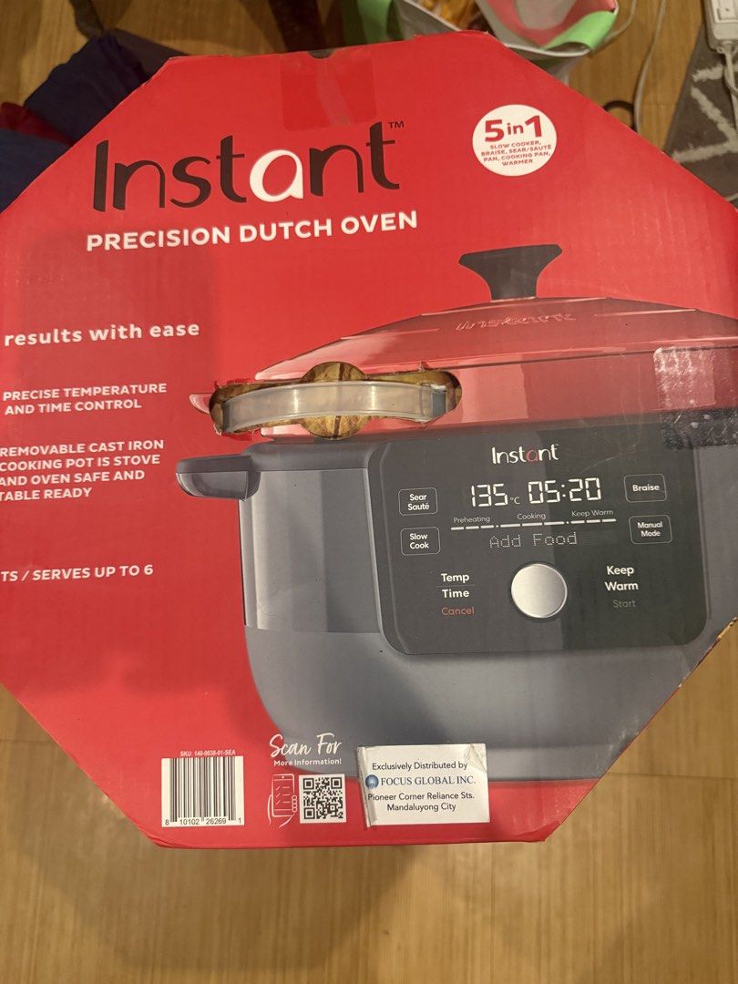 Instant Precision 5-in-1 Dutch Oven (Category: Cookware & Accessories) located in Las Pinas. Submitted by prelovedbykag (Listing ID 1470875073, Image 1). Description: - 5-in-1 versatility: slow cooking, braising, searing, sautéing, and warming - Generous 6-quart capacity, perfect for serving up to 6 people - Precise temperature and time control for effortless cooking - Removable cast iron pot is safe for stove, oven, and table use - Brand new and