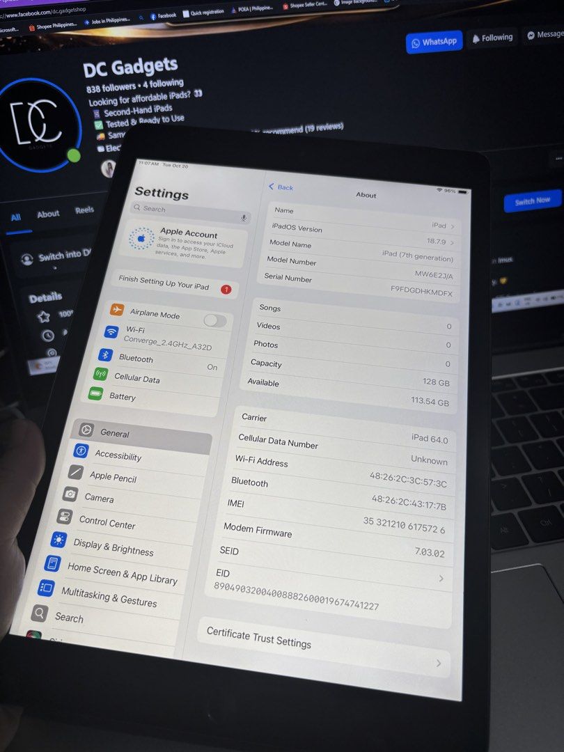 iPad 7th Gen 128GB Wi-Fi + Cellular (Category: iPad) located in Cavite. Submitted by dcgadgets_official (Listing ID 1470924825, Image 1). Description: Apple iPad 7th Generation (10.2-inch Display) • Storage: 128GB (Malaking storage, kasya madaming apps, games, at videos!) • Connectivity: Wi-Fi + Cellular (May SIM slot — pwede gamitan ng data kahit saan!) • Condition: Pre-owned / 100% Good Condition (3uTools Tested) • Color Options: Space Gray / S