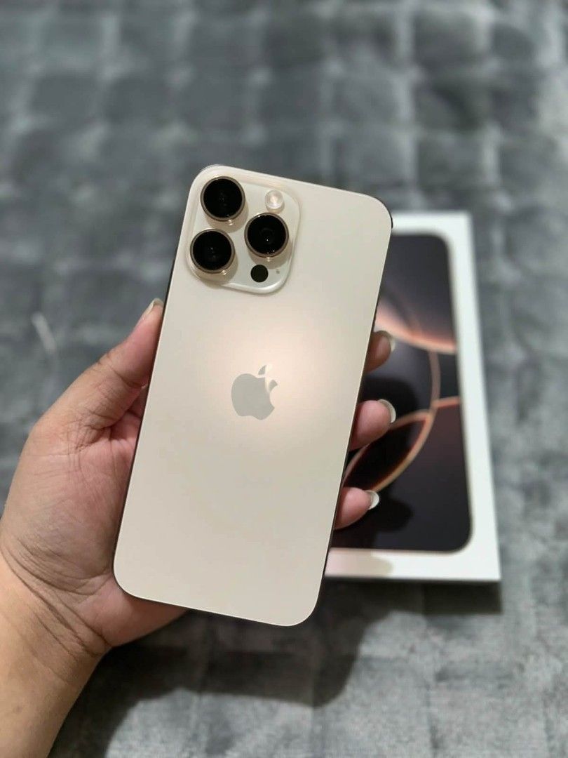 Iphone 16 Pro Max 256gb Desert Titanium (Category: iPhone 16 Series) located in Taytay. Submitted by bellakutch (Listing ID 1470818875, Image 2). Description: - Model: iPhone 16 Pro Max - Storage: 256GB - 94% Battery Health - Color: Desert Titanium - Condition: Layered condition 4/4 (Pristine, flawless body and screen) - Mababa pa Cycle Count - Inclusions: Complete with original box and USB-C charging cable - Meetup Location: Jill & Pops Kitchen 