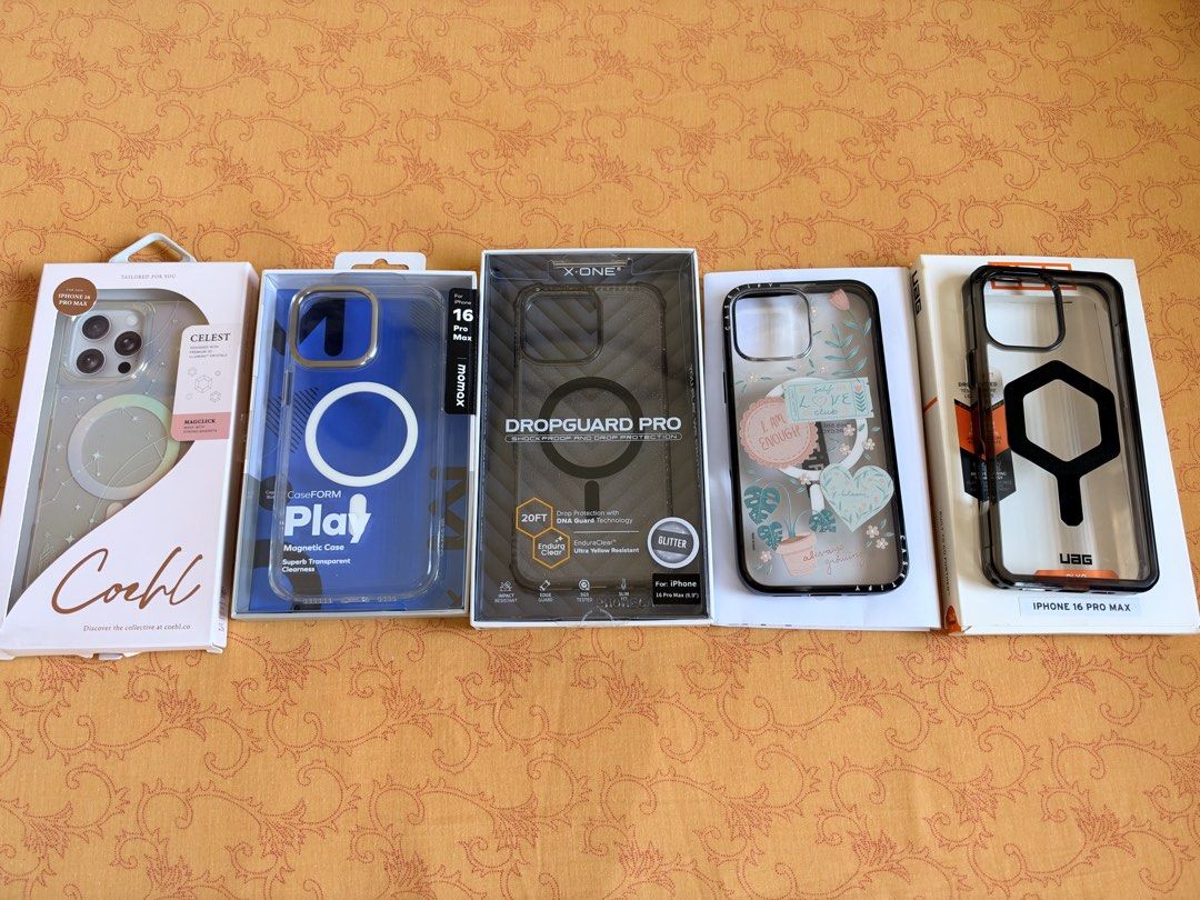 iPhone 16 pro max case (Category: Cases & Sleeves) located in Batangas. Submitted by iamshe19 (Listing ID 1470926960, Image 1). Description: FOR SALE: Selling my Preloved 16 promax cases 1. Coehl Celest P1300 2. Momax Clear Case P500 3. X-One Glitter P1300 4. Casetify Self love (with hydrogel film) P2500 5. UAG Plyo P2000 .