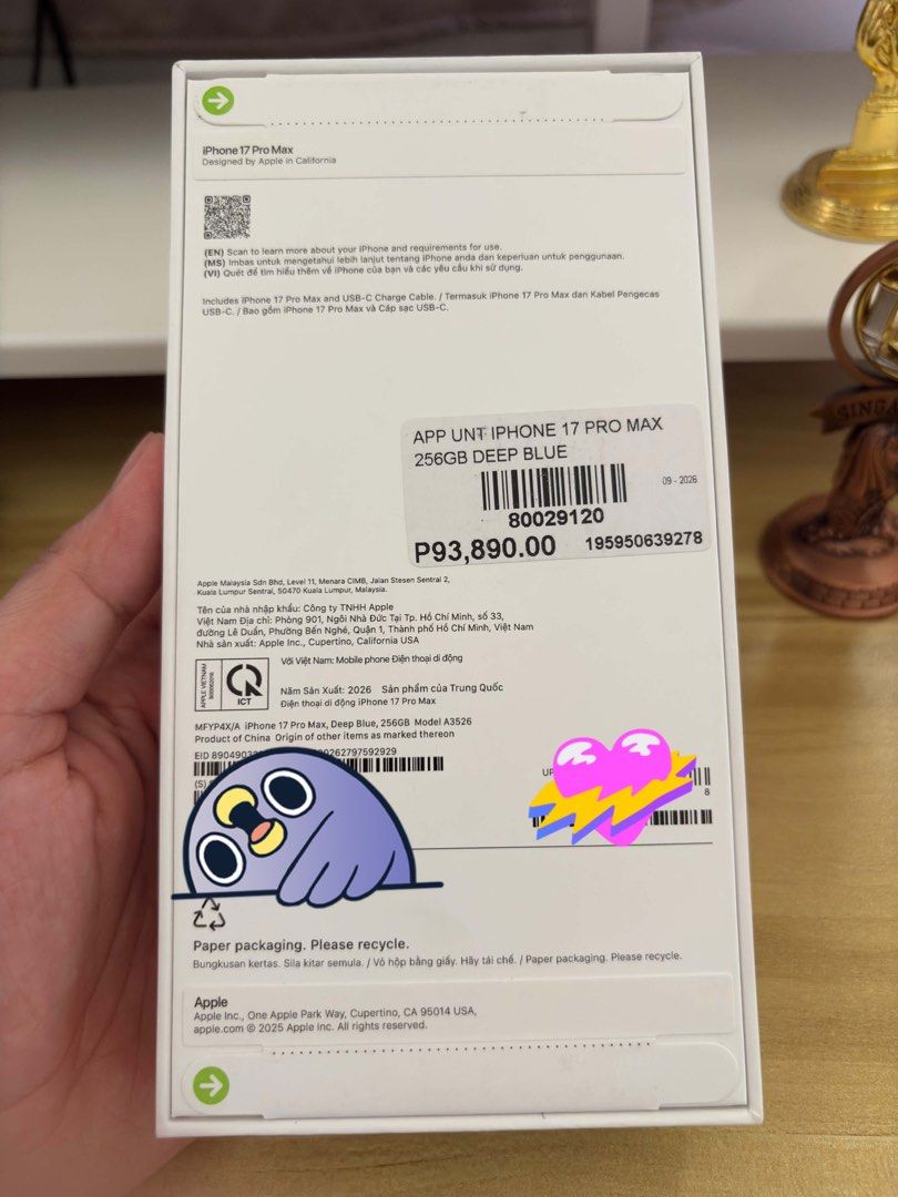 Iphone 17 Pro Max (Brand new/ Sealed) (Category: iPhone 17 Series) located in Cagayan de Oro. Submitted by younghorse_1bc4c0 (Listing ID 1470847346, Image 3). Description: Iphone 17 Pro Max - 256gb BRAND NEW /SEALED with official receipt! Can meet at Bukidnon and CDO! Pm me. .