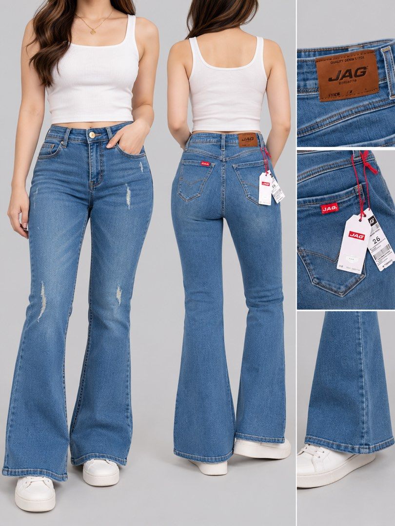 JAG Flare Denim Jeans Size 26 (Category: Jeans) located in Bacoor. Submitted by goodfinds02 (Listing ID 1470862542, Image 2). Description: - Brand: JAG - Style: High-waist flare jeans - Color/Wash: Medium wash blue denim - Details: Light distressing on thighs and knees, front zipper and button closure - Pockets: Two back pockets with JAG red logo patch - Branding: Leather patch on back waistband - Condition: Brand new with original store tags att