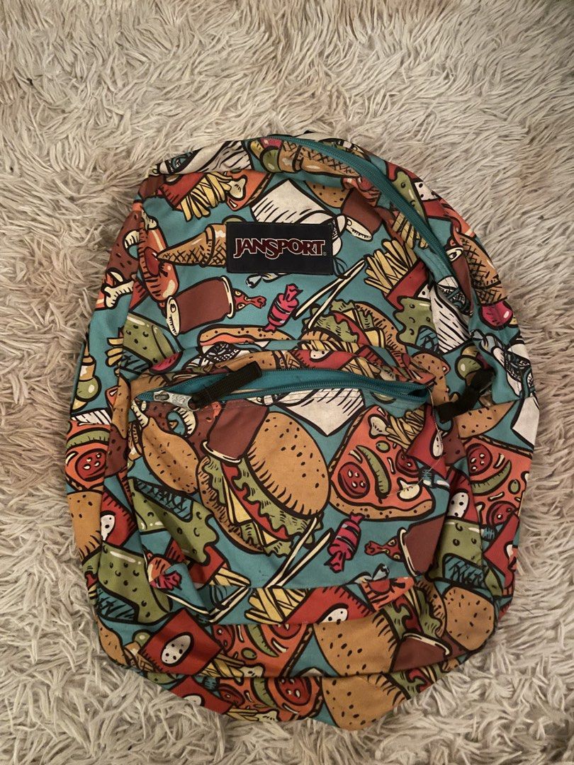 JanSport Fast Food Print Backpack (Category: Backpacks) located in Manila. Submitted by azishops (Listing ID 1470847361, Image 1). Description: Jansport backpack bought from Travel Club MOA Minimal signs of usage still in very much good condition, no issues.