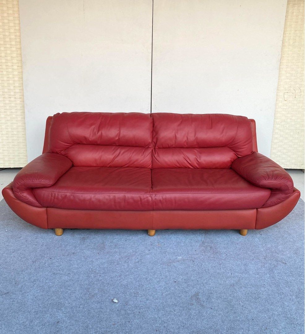“JAPAN SURPLUS” 3-SEATER RED LEATHER SOFA (Category: Sofas) located in Bulacan. Submitted by monmon555 (Listing ID 1470916790, Image 2). Description: “JAPAN SURPLUS” 3-SEATER RED LEATHER SOFA SIZE: 73L” x 34W” x 15Sh” x 28H” inches (AS-IS ITEM) IN GOOD CONDITION.