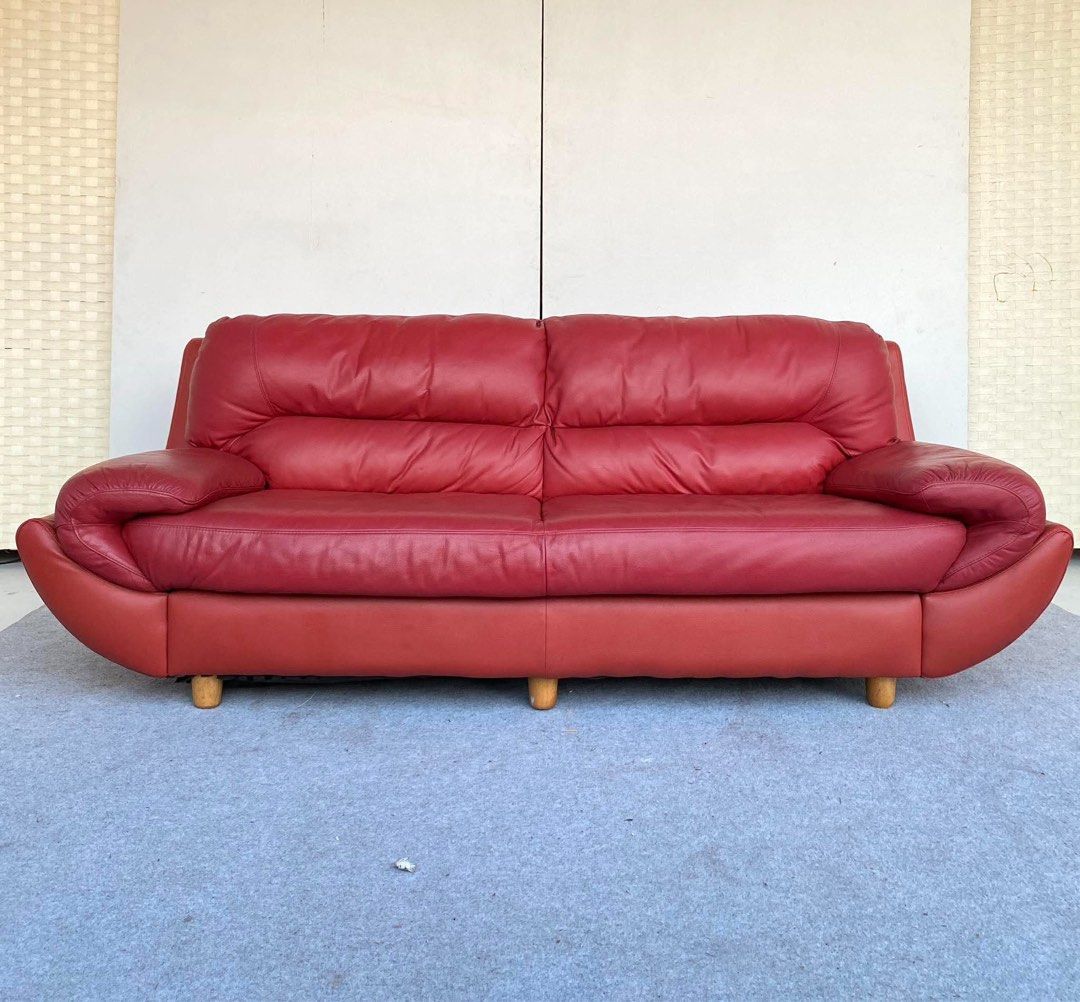 “JAPAN SURPLUS” 3-SEATER RED LEATHER SOFA (Category: Sofas) located in Bulacan. Submitted by monmon555 (Listing ID 1470916790, Image 1). Description: “JAPAN SURPLUS” 3-SEATER RED LEATHER SOFA SIZE: 73L” x 34W” x 15Sh” x 28H” inches (AS-IS ITEM) IN GOOD CONDITION.