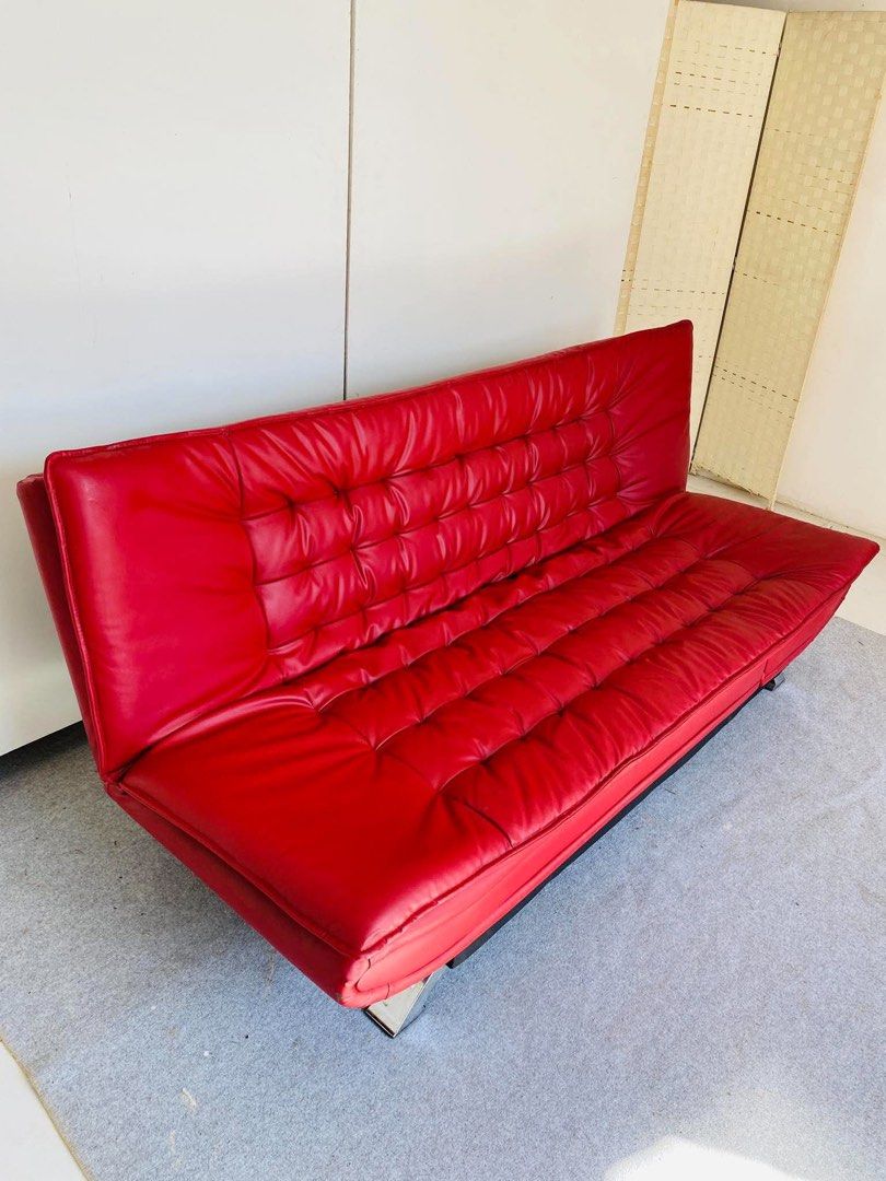 “JAPAN SURPLUS” NITORI MODERN RED LEATHER SOFA BED (Category: Sofas) located in Bulacan. Submitted by monmon555 (Listing ID 1470916603, Image 3). Description: “JAPAN SURPLUS” NITORI MODERN RED LEATHER SOFA BED SIZE: 76L” x 44W” x 16Sh” x 35H” inches (AS-IS ITEM) IN GOOD CONDITION.