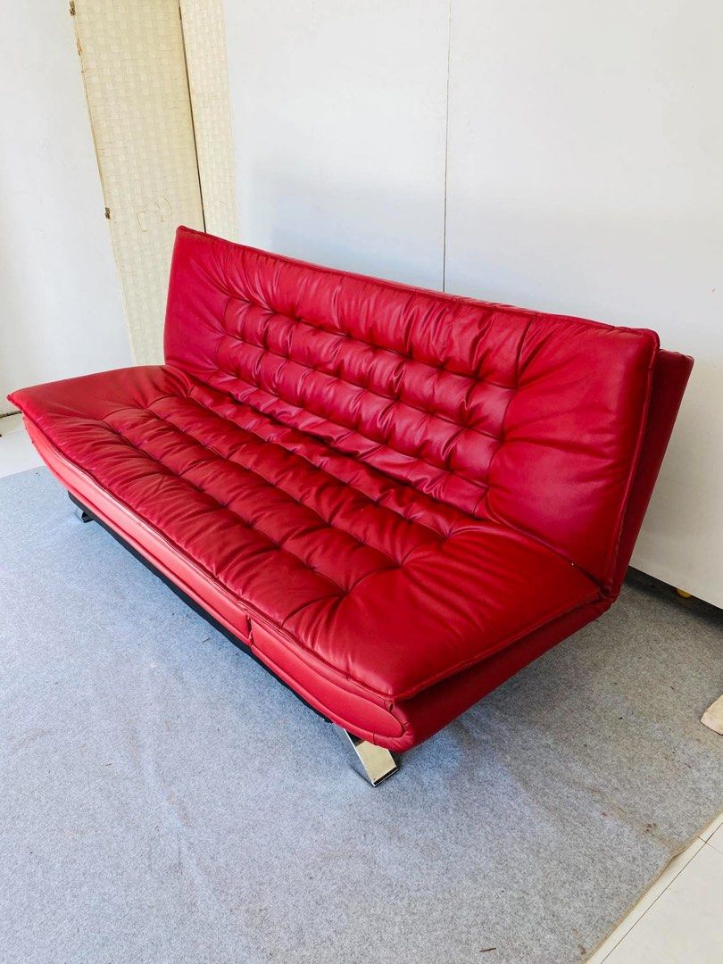“JAPAN SURPLUS” NITORI MODERN RED LEATHER SOFA BED (Category: Sofas) located in Bulacan. Submitted by monmon555 (Listing ID 1470916603, Image 2). Description: “JAPAN SURPLUS” NITORI MODERN RED LEATHER SOFA BED SIZE: 76L” x 44W” x 16Sh” x 35H” inches (AS-IS ITEM) IN GOOD CONDITION.
