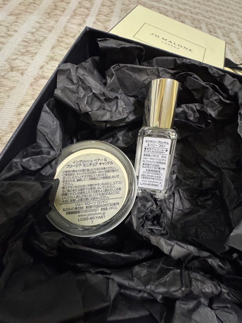 JOMALONE MINI CANDLE AND 9ML COLOGNE (Category: Fragrance & Deodorants) located in Agdangan. Submitted by lavishbyji22912 (Listing ID 1470743715, Image 3). Description: Authentic Complete set With box and paper bag Perfect gift Mini candle english pear and freesia 9ml nectarine honey blossom .
