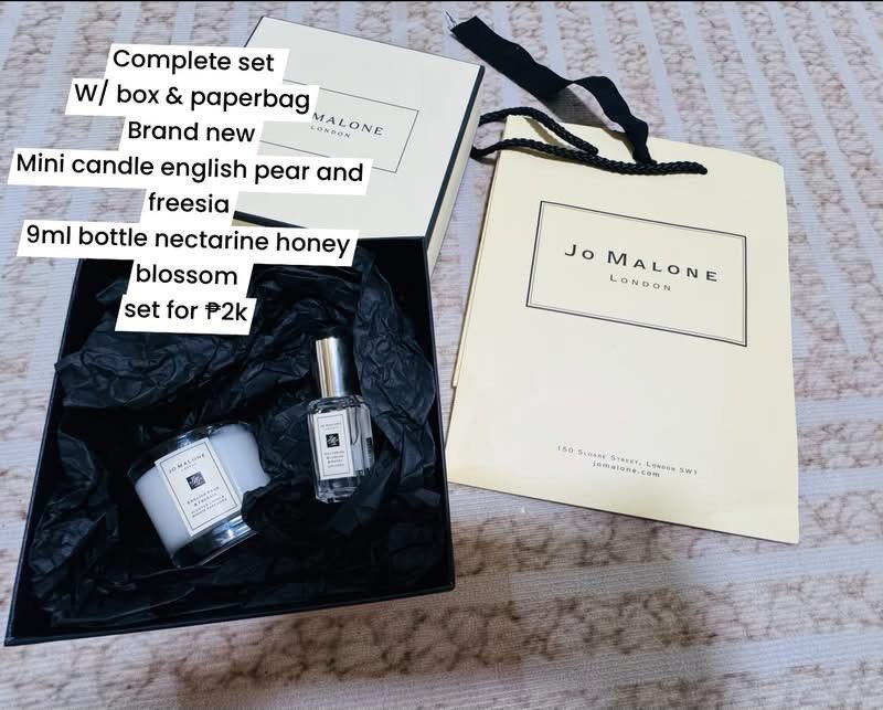 JOMALONE MINI CANDLE AND 9ML COLOGNE (Category: Fragrance & Deodorants) located in Agdangan. Submitted by lavishbyji22912 (Listing ID 1470743715, Image 1). Description: Authentic Complete set With box and paper bag Perfect gift Mini candle english pear and freesia 9ml nectarine honey blossom .