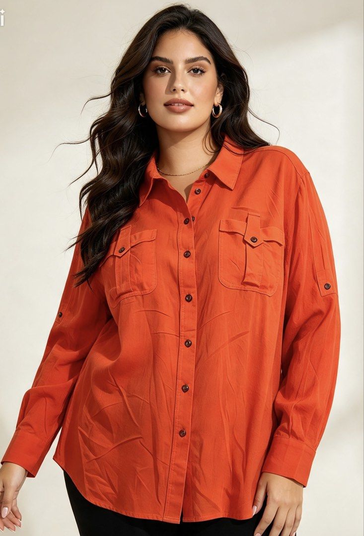 JONES NEW YORK (Category: Shirts) located in Davao. Submitted by sart0ria85 (Listing ID 1470775771, Image 2). Description: Vibrant orange-red longsleeves in collared neckline, front button closure, two chest pockets with button flaps, and long sleeves with roll-up button tabs. 100% VISCOSE MADE IN INDONESIA 🇮🇩 Xl. Size 12 EXCELLENT CONDITION (99/100).