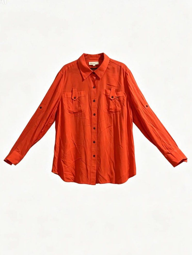 JONES NEW YORK (Category: Shirts) located in Davao. Submitted by sart0ria85 (Listing ID 1470775771, Image 1). Description: Vibrant orange-red longsleeves in collared neckline, front button closure, two chest pockets with button flaps, and long sleeves with roll-up button tabs. 100% VISCOSE MADE IN INDONESIA 🇮🇩 Xl. Size 12 EXCELLENT CONDITION (99/100).
