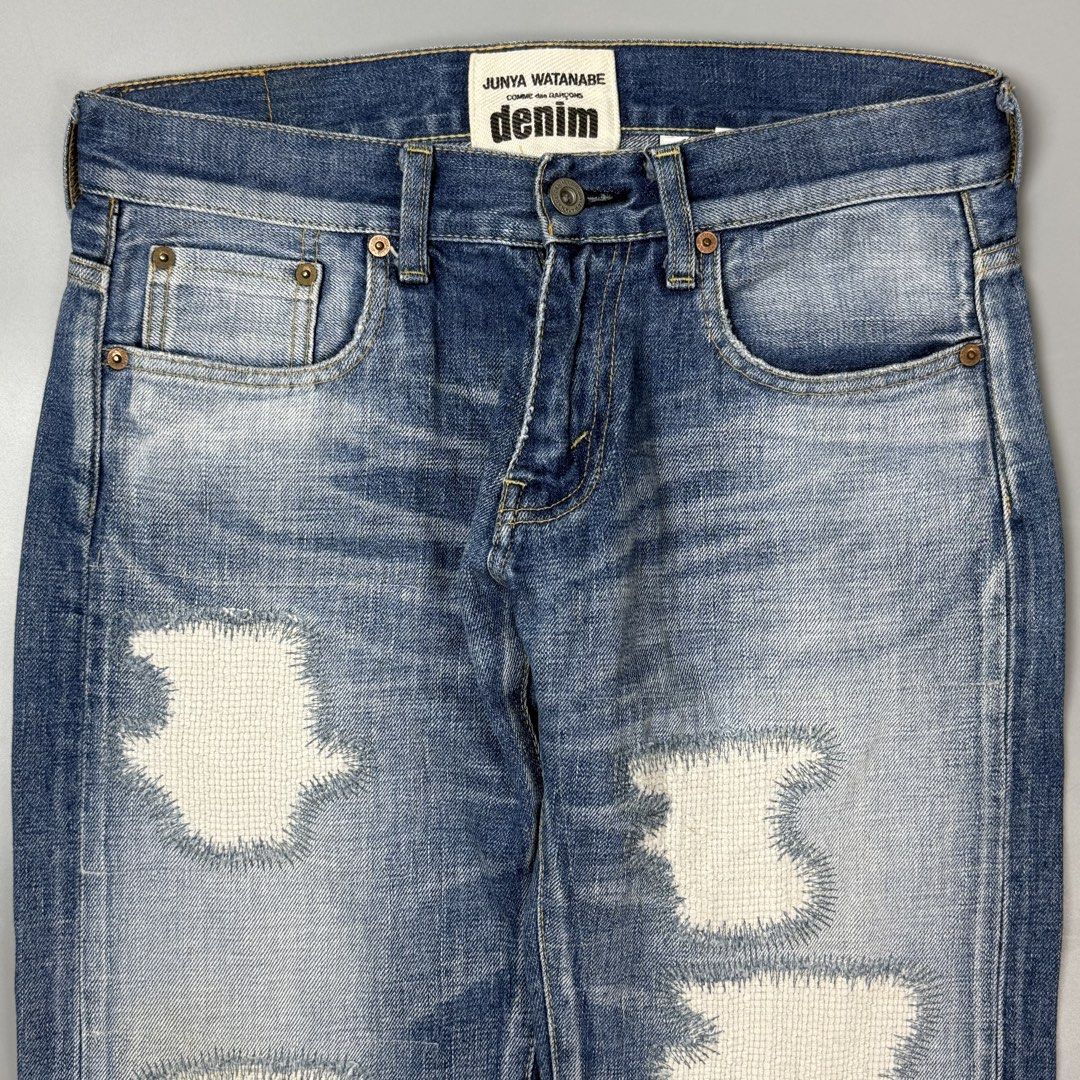 Junya Watanabe Denim - S/S16 - Patchwork Straight Selvedge Jeans (Category: Jeans) located in Pasig City. Submitted by on_the_trend (Listing ID 1470806355, Image 3). Description: Tagged size: S Condition: 9/10 Material: 100% Cotton, Patch: 100% Cowhide Made in: Japan Waist: 15.5 inches Front rise: 8.5 inches Thigh: 11 inches Knee: 8 inches Inseam: 26.5 inches Length: 35 inches Leg opening: 7.5 inches.