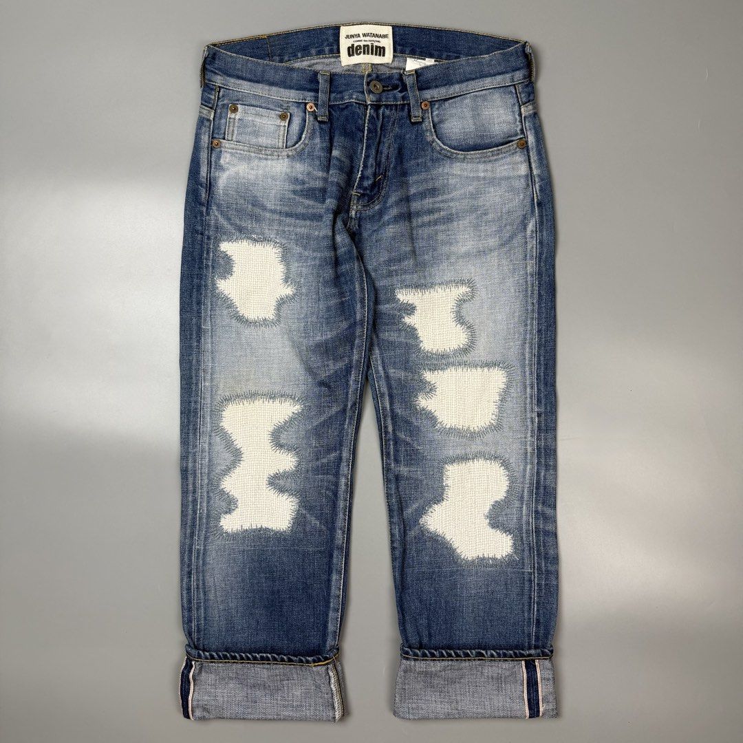 Junya Watanabe Denim - S/S16 - Patchwork Straight Selvedge Jeans (Category: Jeans) located in Pasig City. Submitted by on_the_trend (Listing ID 1470806355, Image 1). Description: Tagged size: S Condition: 9/10 Material: 100% Cotton, Patch: 100% Cowhide Made in: Japan Waist: 15.5 inches Front rise: 8.5 inches Thigh: 11 inches Knee: 8 inches Inseam: 26.5 inches Length: 35 inches Leg opening: 7.5 inches.