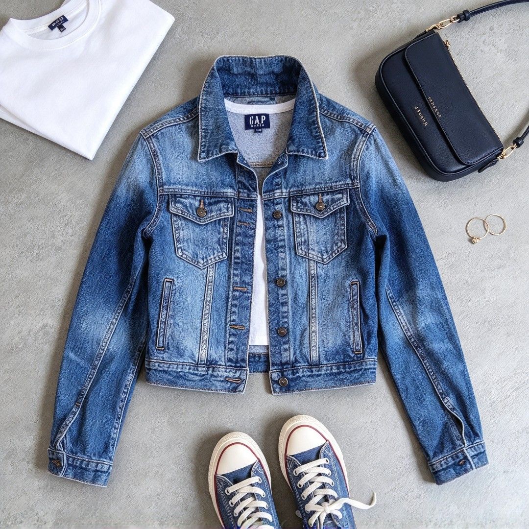 Kids GAP Classic Blue Denim Jacket (Category: Coats, Jackets and Outerwear) located in Batangas. Submitted by mace2014 (Listing ID 1470749816, Image 1). Description: - Brand: GAP - Color: Classic medium blue wash - Closure: Metal buttons down the front - Pockets: Dual chest pockets and two side pockets - Details: Structured collar and fitted cuffs - Condition: Great staple piece, ready to wear.