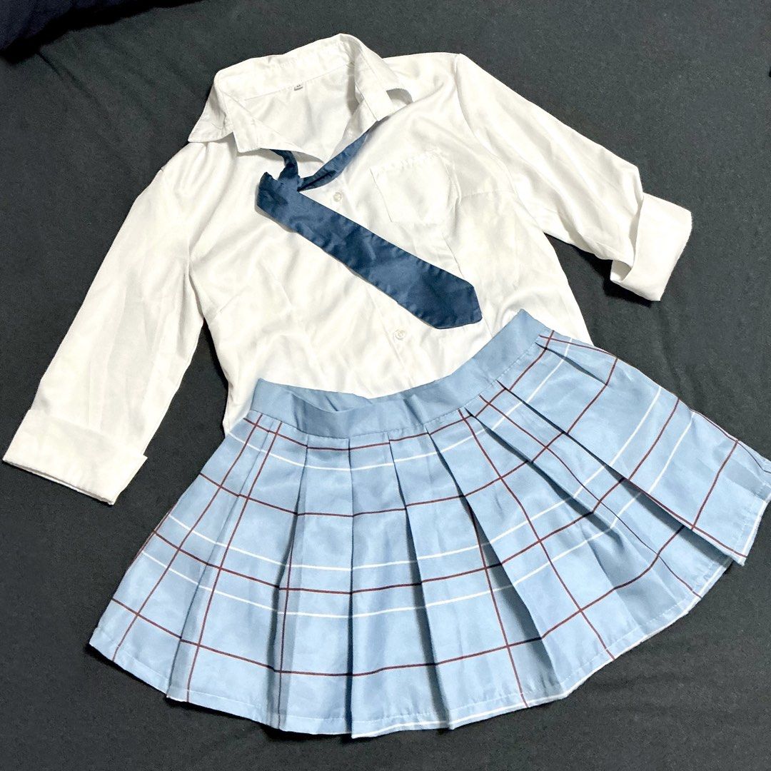 Kitagawa Marin Cosplay Outfit Set (Category: Sets or Coordinates) located in Manila. Submitted by ari.kki (Listing ID 1470749997, Image 1). Description: . size medium on tag . 3-piece set: white long-sleeve button-up shirt, blue necktie, and light blue pleated skirt rfs: decluttering .
