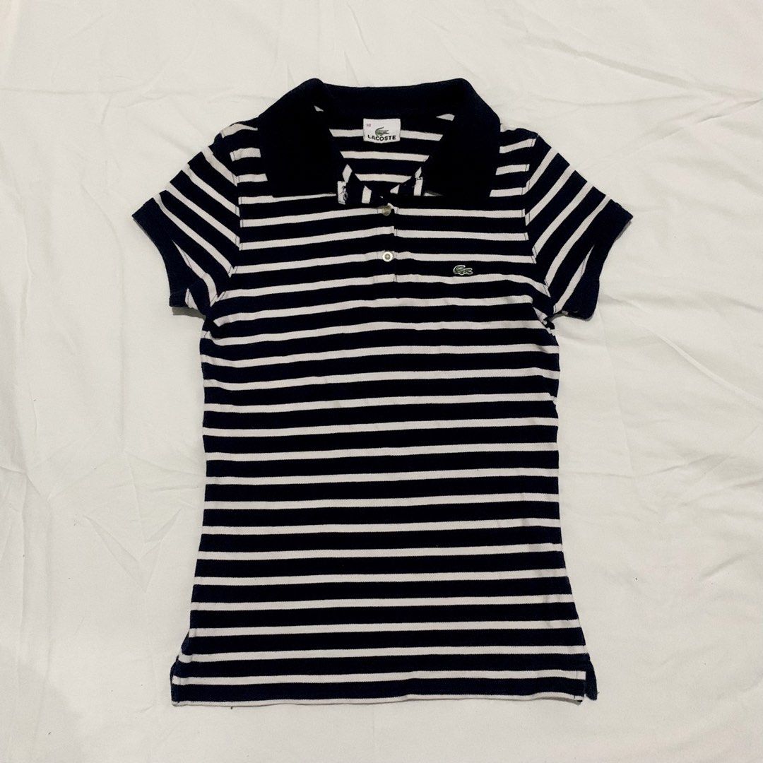 lacoste midnight blue/white stripes collared polo shirt (Category: Shirts) located in Bacolod City. Submitted by attheratesign (Listing ID 1470840207, Image 1). Description: • 38/med women’s • ran small, best fits xs-s • l: 22” • w: 14” • 94% cotton, 6% elasthanne • good condition, authentic — no when worn — washed — these are thrifted items, manage expectations — there may be flaws that were missed, x if sensi — first to pay gets the item — no r