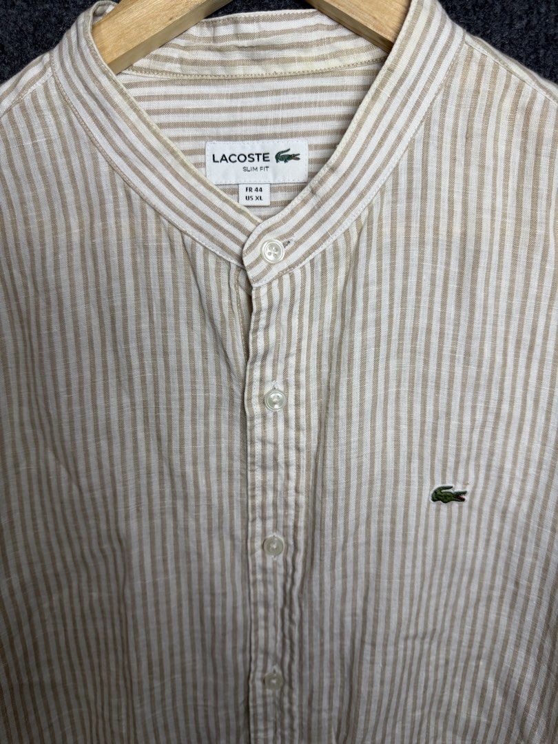 Lacoste Slim Fit Striped Chinese Collar (Category: Tshirts & Polo Shirts ) located in Baguio. Submitted by thriftcoded_2600 (Listing ID 1470862747, Image 2). Description: - Brand: Lacoste - Excellent Condition - Color Rate:10/10 - Authentic - Size: Tagged FR 44 / US XL (Slim Fit cut) -24x29.