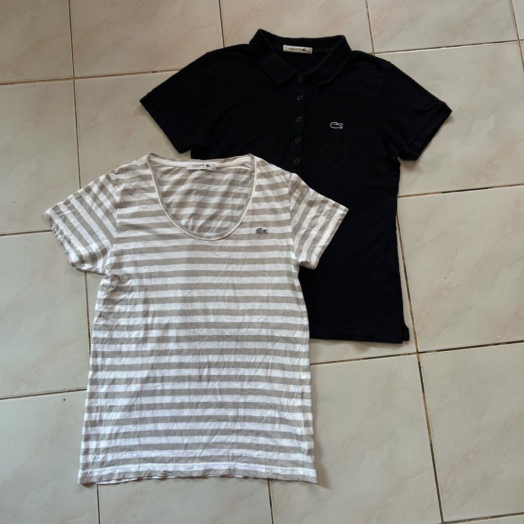 Lacoste Women's Shirts Bundle 🥵 (Category: Shirts) located in Jinoba-an. Submitted by eegiboy (Listing ID 1470786179, Image 1). Description: - Brand: Lacoste - Quantity: Bundle of 2 tops - Size: 36 (Made in Japan) - Material: 100% Cotton - Item 1: Solid black polo shirt with buttons and collar - Item 2: White and beige striped short-sleeve tee with scoop neck - Details: Features the iconic embroidered crocodile logo on both chests - Condition: G