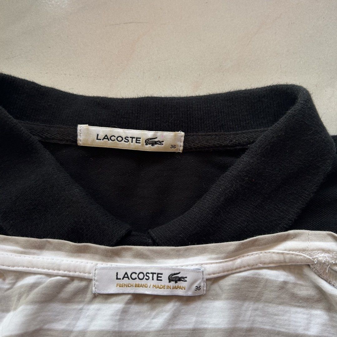 Lacoste Women's Shirts Bundle 🥵 (Category: Shirts) located in Jinoba-an. Submitted by eegiboy (Listing ID 1470786179, Image 3). Description: - Brand: Lacoste - Quantity: Bundle of 2 tops - Size: 36 (Made in Japan) - Material: 100% Cotton - Item 1: Solid black polo shirt with buttons and collar - Item 2: White and beige striped short-sleeve tee with scoop neck - Details: Features the iconic embroidered crocodile logo on both chests - Condition: G