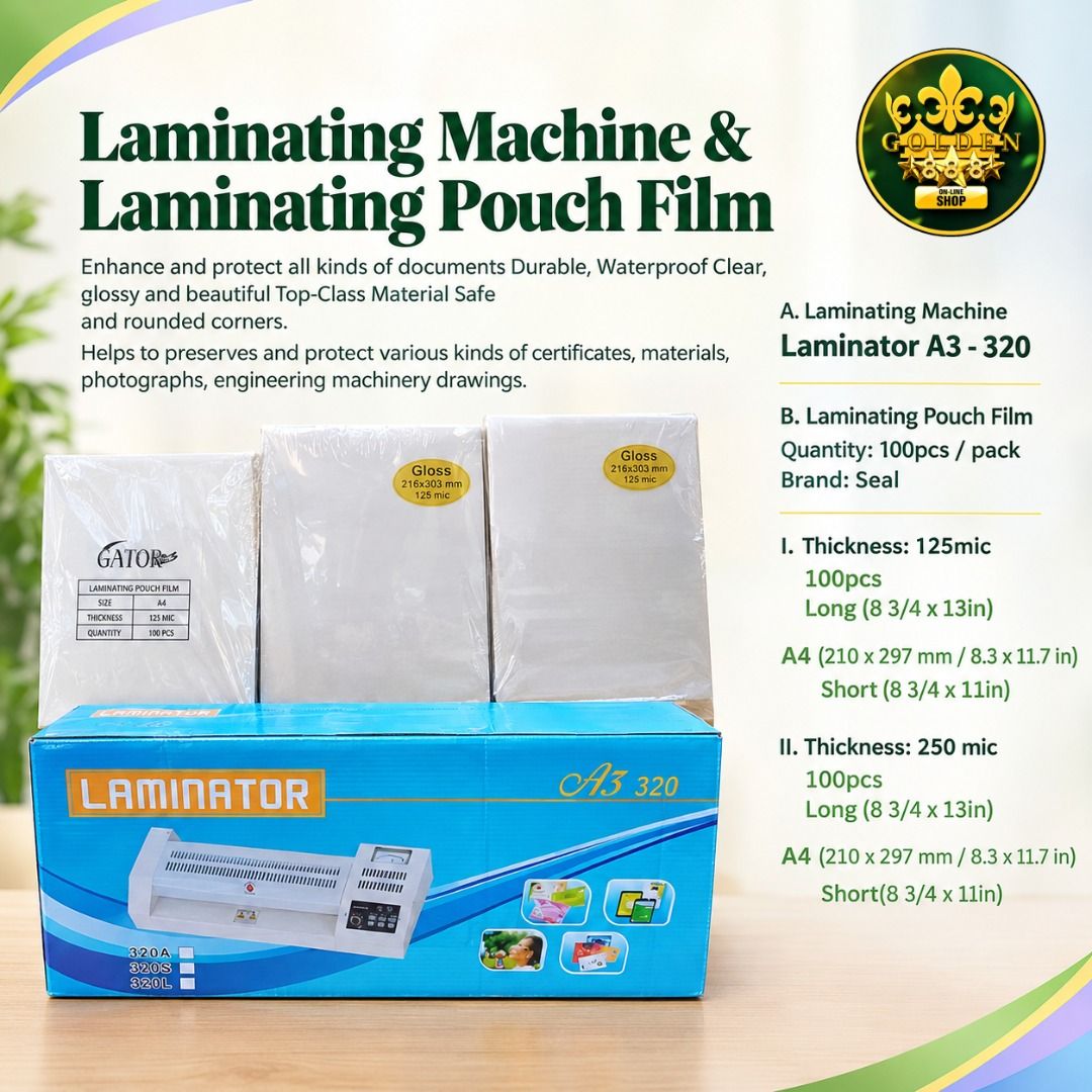 LAMINATING MACHINE & LAMINATING POUCH FILM (Category: Stationery & School Supplies) located in Manila. Submitted by golden888onlineshop (Listing ID 1470787904, Image 1). Description: 📄✨ **Tired of documents getting dirty, damaged, or looking worn out?** Whether you're preparing school projects, protecting certificates, organizing office documents, or running a printing business, laminating can help give your documents a cleaner, more professiona