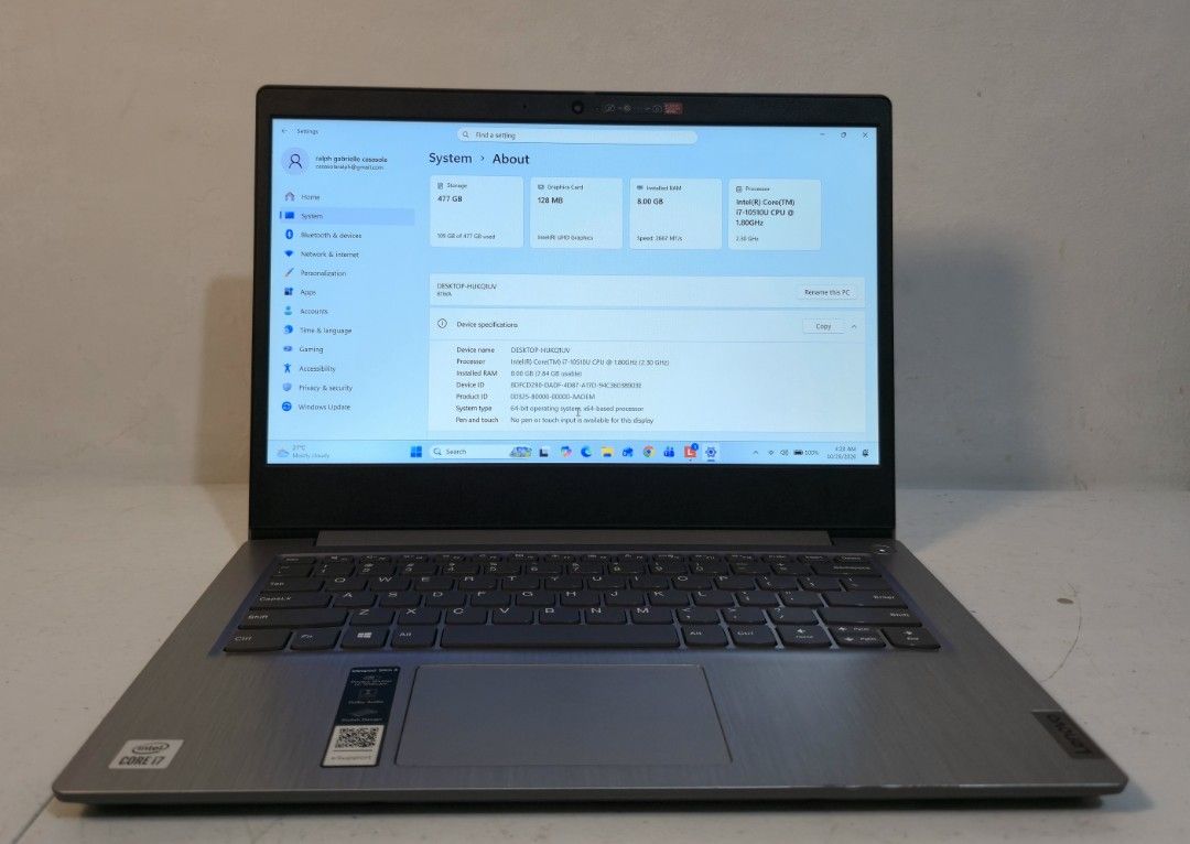Lenovo Ideapad 3 Slim i7 10Th Gen (Category: Laptops & Notebooks) located in Rizal. Submitted by potato_corner (Listing ID 1470923563, Image 3). Description: Lenovo Ideapad 3 Slim RFS SPARE LAPTOP Spec i7 10Th Gen 8Gb Ram 512 SSD Battery Cycle 2 100% Battery Health Window 11 Minimal Cosmetic Issue.
