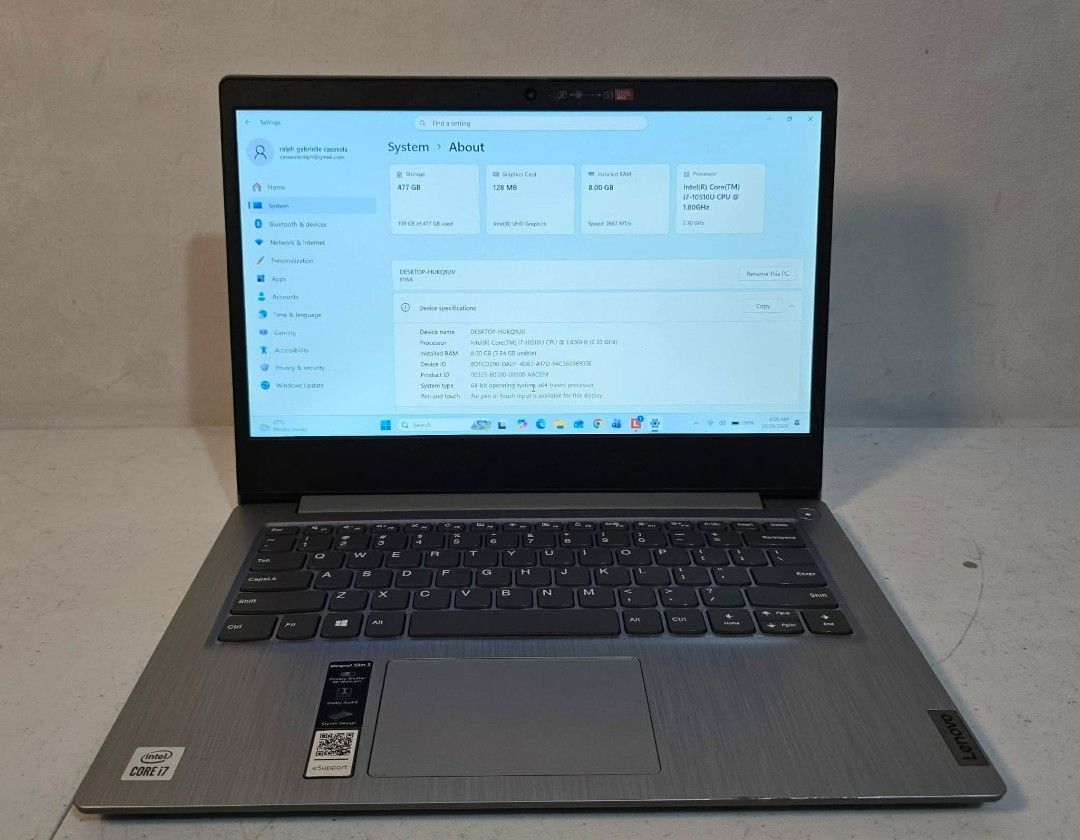 Lenovo Ideapad 3 Slim i7 10Th Gen (Category: Laptops & Notebooks) located in Caloocan City. Submitted by souththrift_taytay (Listing ID 1470923733, Image 2). Description: Lenovo Ideapad 3 Slim RFS SPARE LAPTOP Spec i7 10Th Gen 8Gb Ram 512 SSD Battery Cycle 2 100% Battery Health Window 11 Minimal Cosmetic Issue.