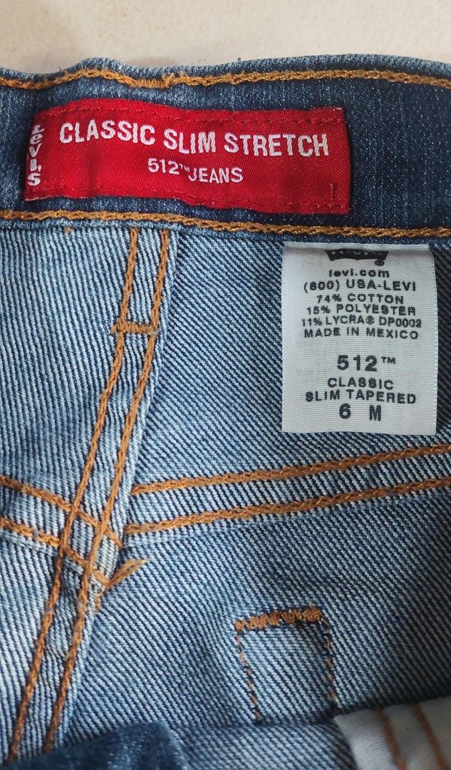 Levi's 512 Classic Slim Stretch Tapered Jeans (Category: Jeans) located in Baguio. Submitted by ayra1523 (Listing ID 1470772403, Image 3). Description: - Brand: Levi's - Style: 512 Classic Slim Stretch Tapered - Color: Blue Denim - Size: 6 M - Material: 74% Cotton, 15% Polyester, 11% Lycra - Features: Classic 5-pocket styling, zip fly with button closure, iconic red tab, and leather waistband patch - Origin: Made in Mexico - Condition: Excellent.