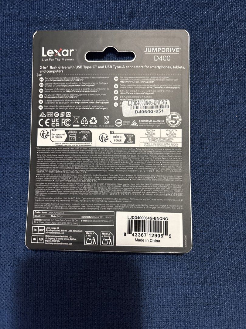 Lexar JumpDrive D400 64GB USB 3.2 Gen 1 (Category: Hard Disks & Thumbdrives) located in Pasig City. Submitted by atsu_dee (Listing ID 1470867981, Image 2). Description: - Brand: Lexar JumpDrive D400 - Capacity: 64GB storage - Connectors: Dual USB Type-C and USB Type-A - Speed: Fast read speeds up to 130MB/s - Security: Built-in AES-256 encryption - Condition: Brand new, still sealed in original retail packaging.