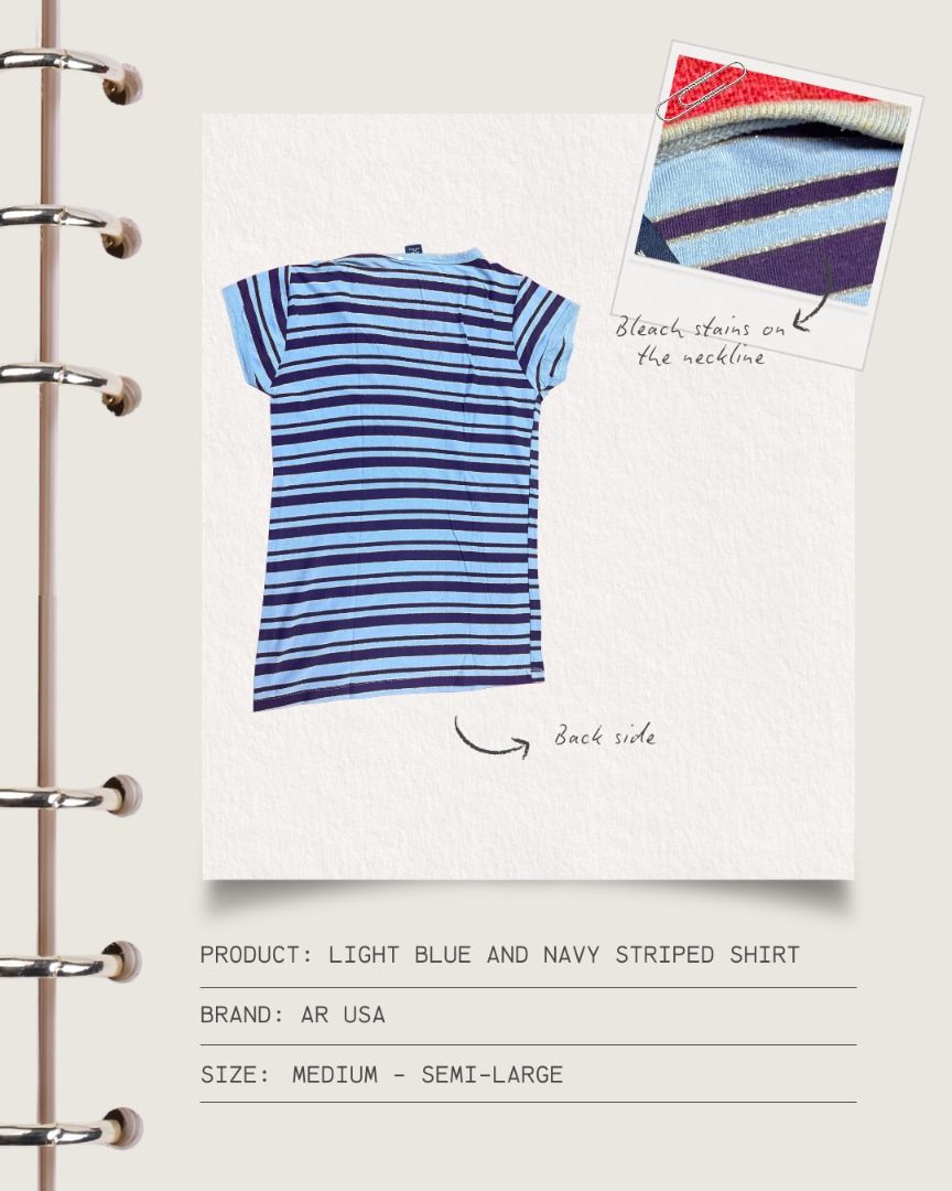 Light Blue and Navy Striped Shirt (Category: Shirts) located in Cavite. Submitted by strawbae.moon (Listing ID 1470868267, Image 2). Description: Product: Light Blue and Navy Striped Shirt Brand: No brand Size: Medium - Semi-Large 🧶 Item Condition: • Pre-loved • With signs of use • With minimal flaws • Slightly visible bleach stain in the neckline 💋 With discount if bought with other items on my profile 🙂 STRICTLY NO REFUNDS/RETURNS❗ ✍🏼 Kindl
