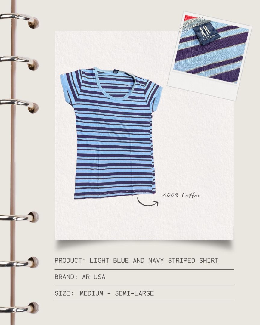 Light Blue and Navy Striped Shirt (Category: Shirts) located in Cavite. Submitted by strawbae.moon (Listing ID 1470868267, Image 1). Description: Product: Light Blue and Navy Striped Shirt Brand: No brand Size: Medium - Semi-Large 🧶 Item Condition: • Pre-loved • With signs of use • With minimal flaws • Slightly visible bleach stain in the neckline 💋 With discount if bought with other items on my profile 🙂 STRICTLY NO REFUNDS/RETURNS❗ ✍🏼 Kindl