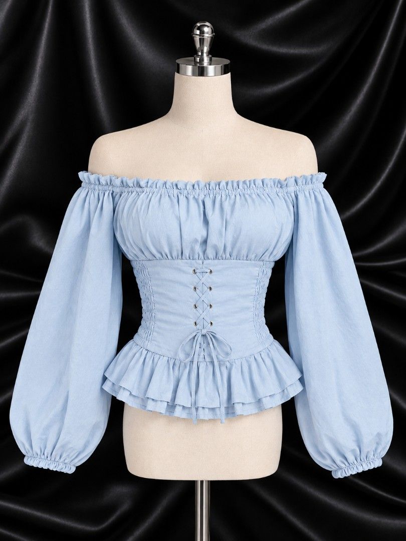 Light Blue Corset Peasant Blouse Off-Shoulder Top (Category: Blouses) located in Bulacan. Submitted by hd.619809 (Listing ID 1470848511, Image 1). Description: S-M - Color: Light blue - Style: Peasant blouse with lace-up corset bodice and grommet ribbon tie - Neckline: Versatile square neckline (can be worn off-shoulder) - Sleeves: Long balloon sleeves with elastic cuffs - Fit: Smocked side panels for extra stretch and comfort - Hem: Double-layer