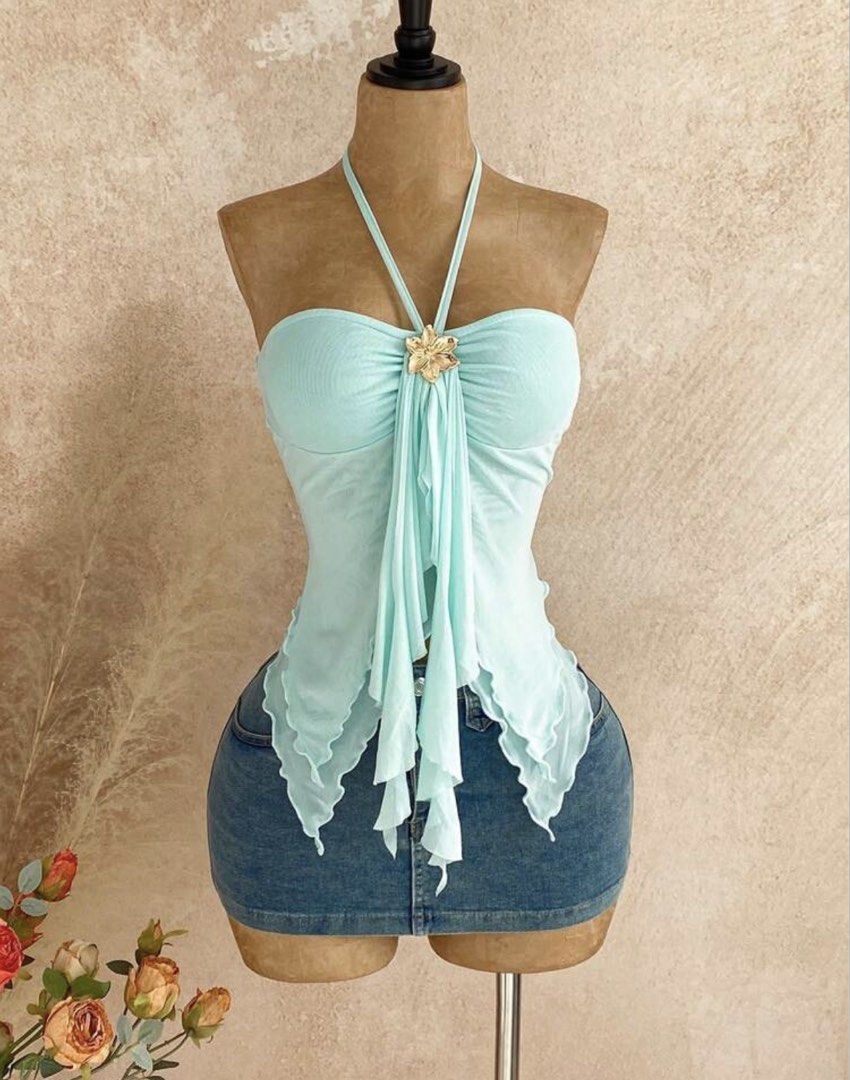 Light blue halter top (Category: Sleeveless) located in Dasmarinas. Submitted by hbeomiee (Listing ID 1470904958, Image 1). Description: - onhand - size : small - mod: lalamove / j&t / meetup around ust .